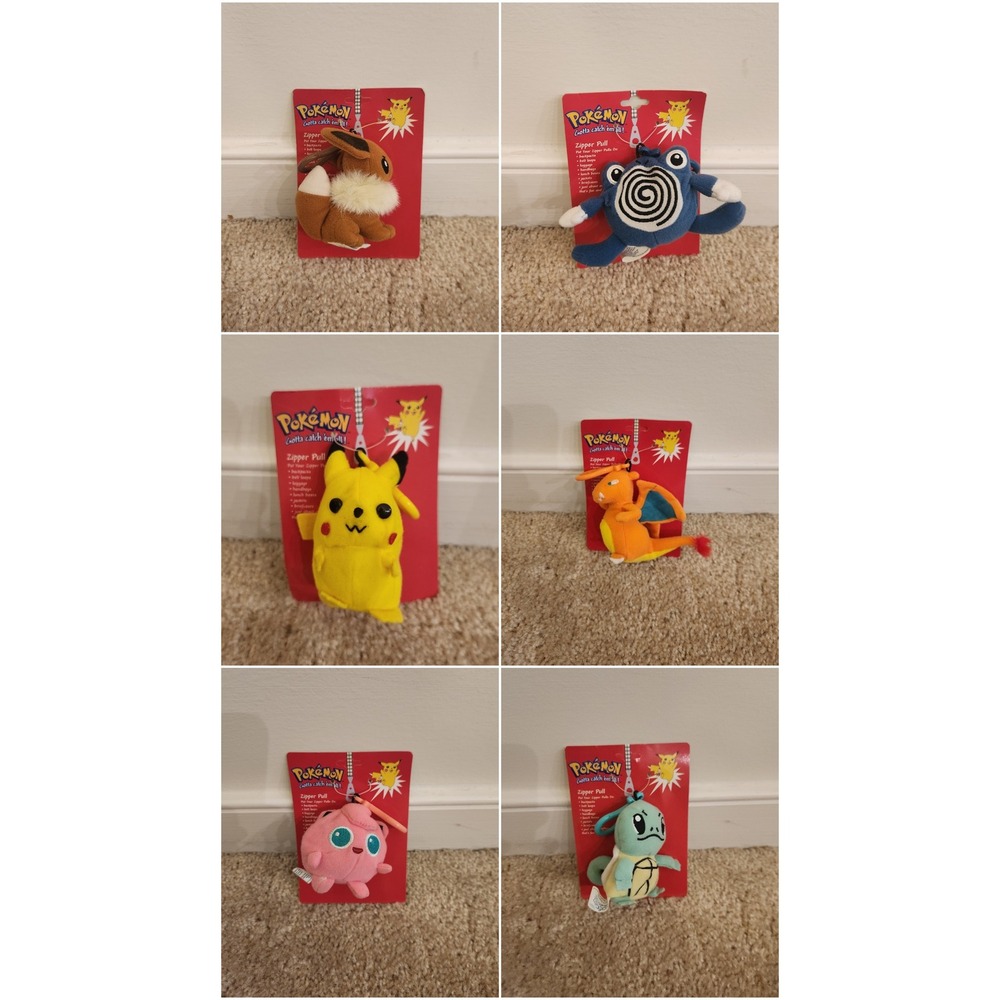 Vintage Pokemon Plush Zipper Pull Lot of 6 Pikachu Eevee Squirtle Charizard NEW